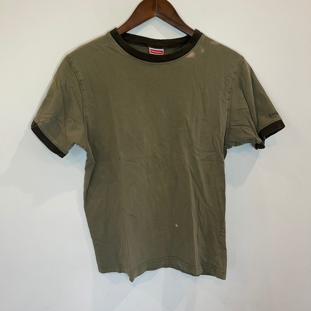 Unionbay Mens Ringer T-Shirt Olive Green Brown Trim Distressed Vintage Small